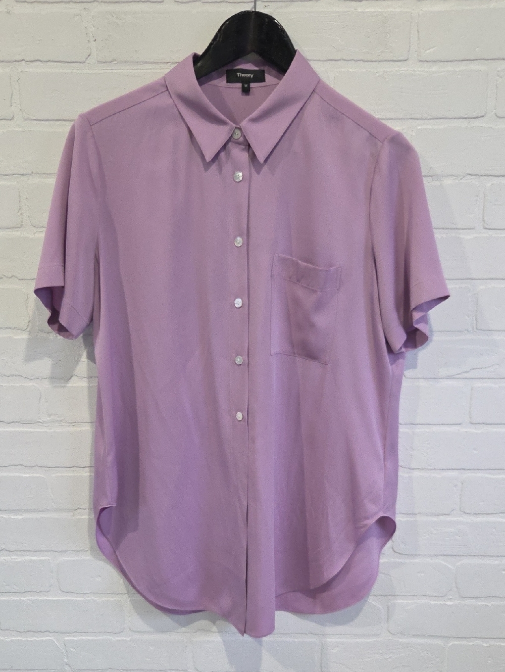 Theory Lavender Silk Short-Sleeve Button-Up Blouse